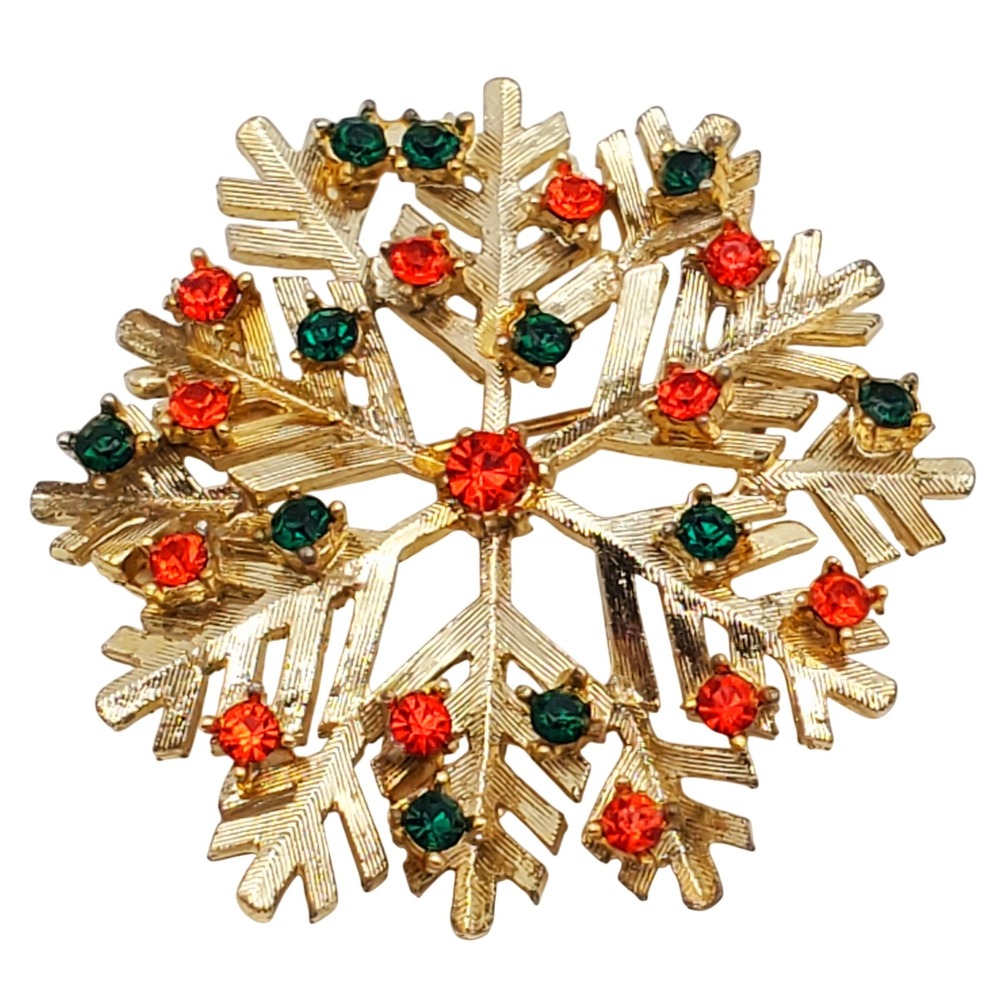 Dodds Snowflake Brooch Green Orange Rhinestone Wreath Holiday Winter Vintage Pin